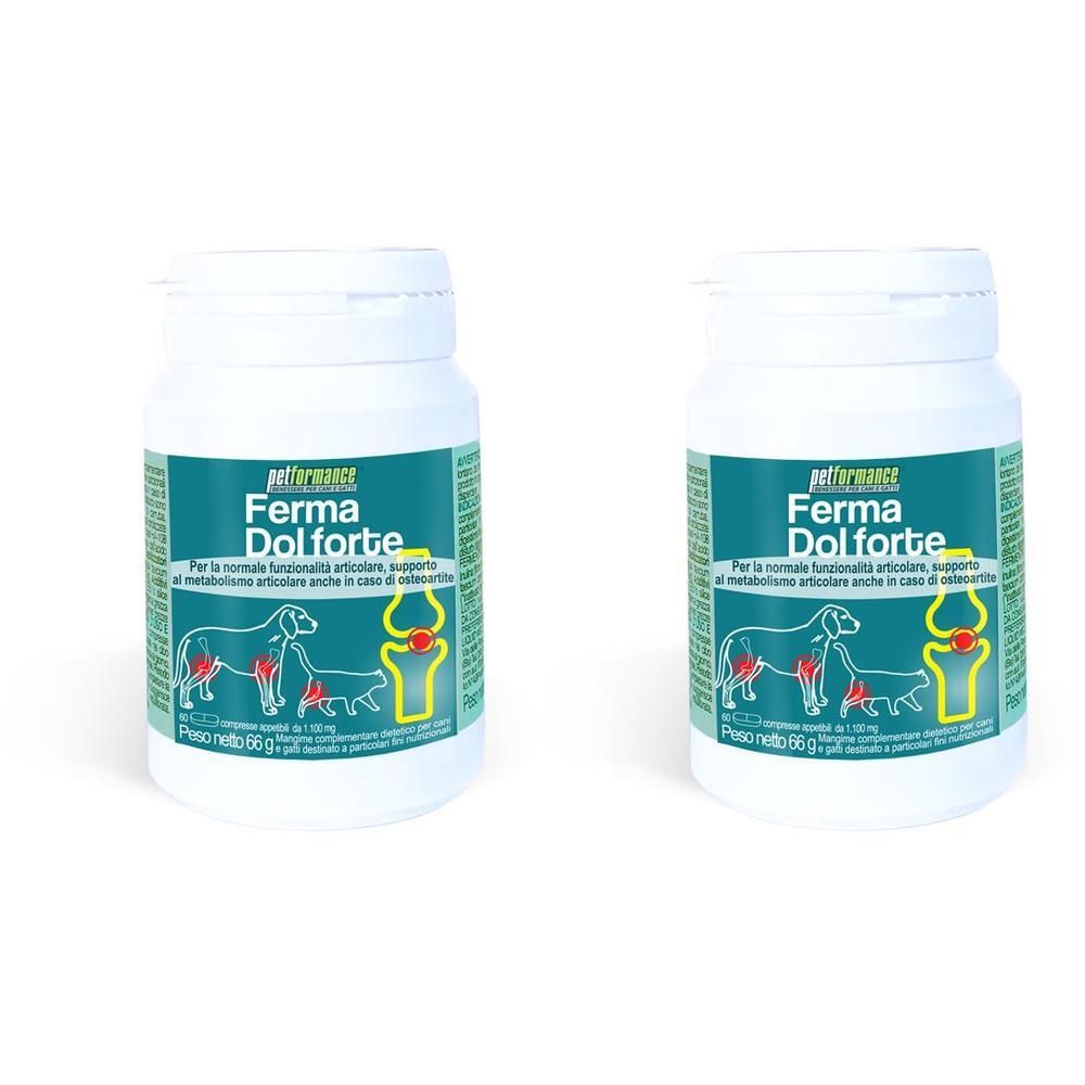 Due barattoli di Ferma Dolforte, integratore alimentare per cani.