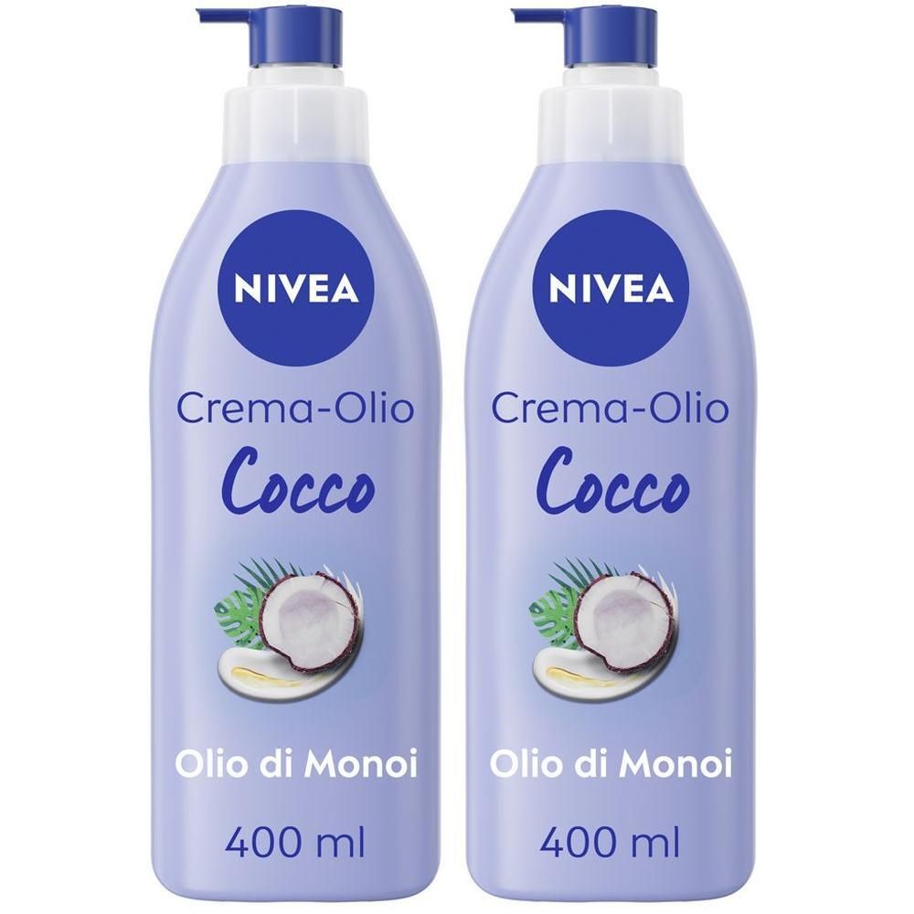 Due flaconi di crema corpo Nivea Crema-Olio al cocco e olio di Monoi.