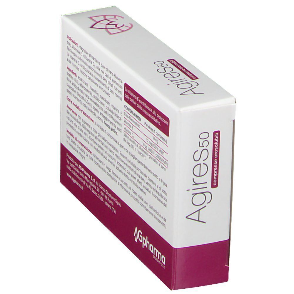 Confezione Agires 50, vista prospettica con informazioni sul prodotto, AGpharma.