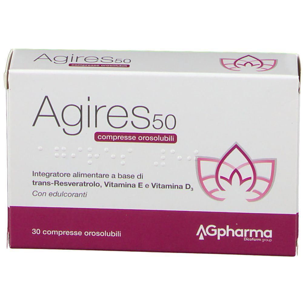 Fronte di una confezione di Agires 50, integratore alimentare a base di Trans-Resveratrolo, Vitamina E e D3.