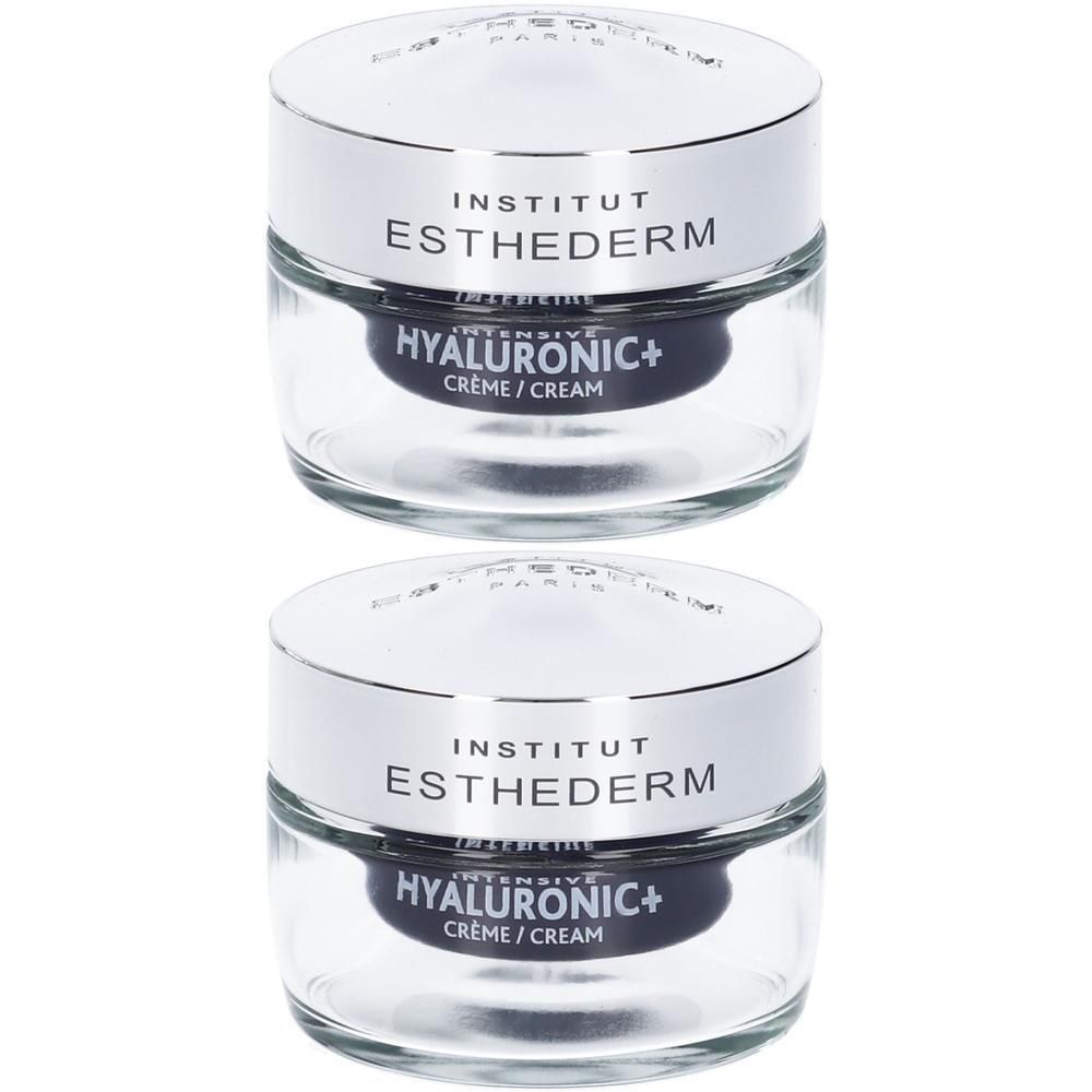 Due vasetti in vetro con tappi argentati, Institut Esthederm Hyaluronic+ Crema.