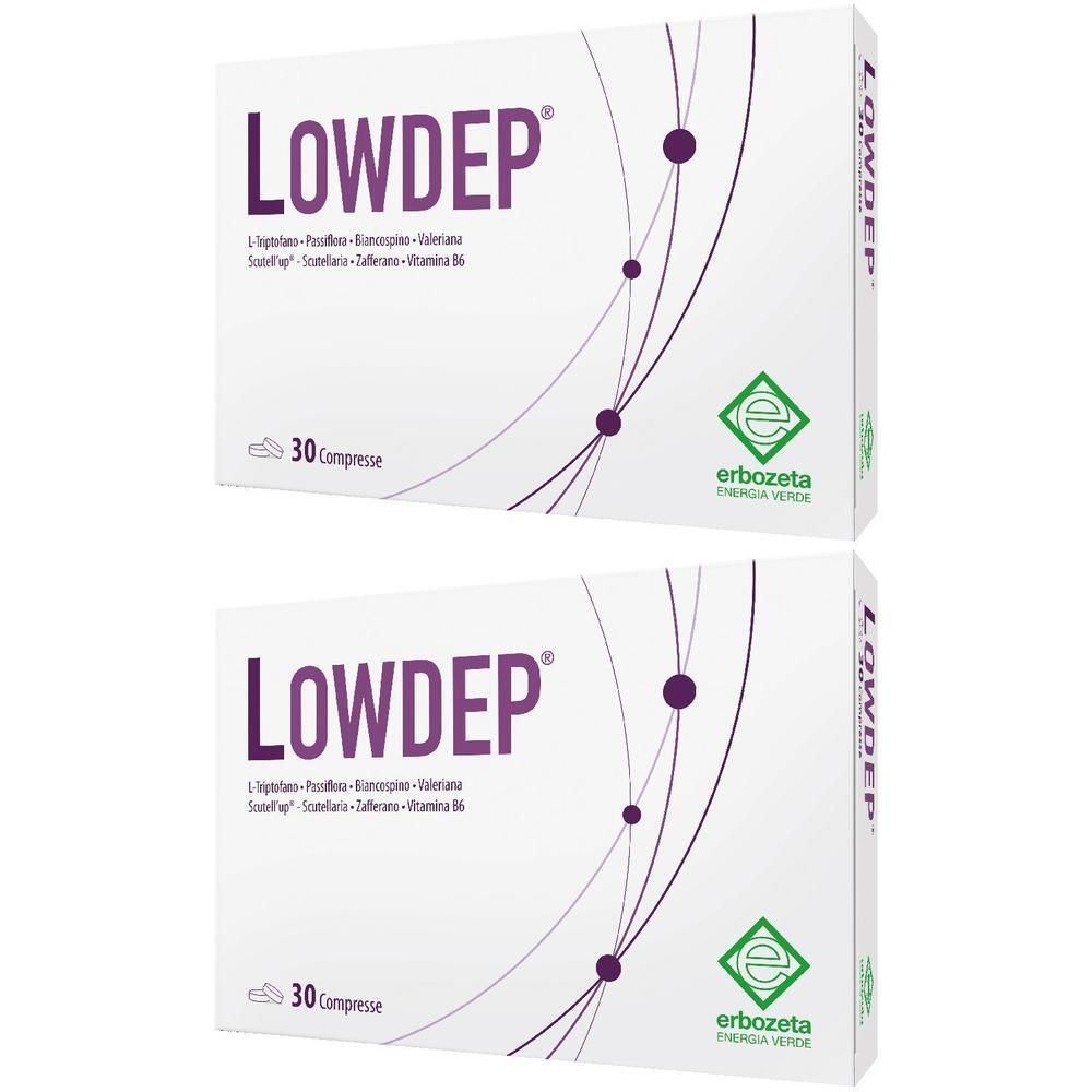 Due confezioni di compresse Lowdep, 30 compresse per confezione. Logo Erbozeta visibile.