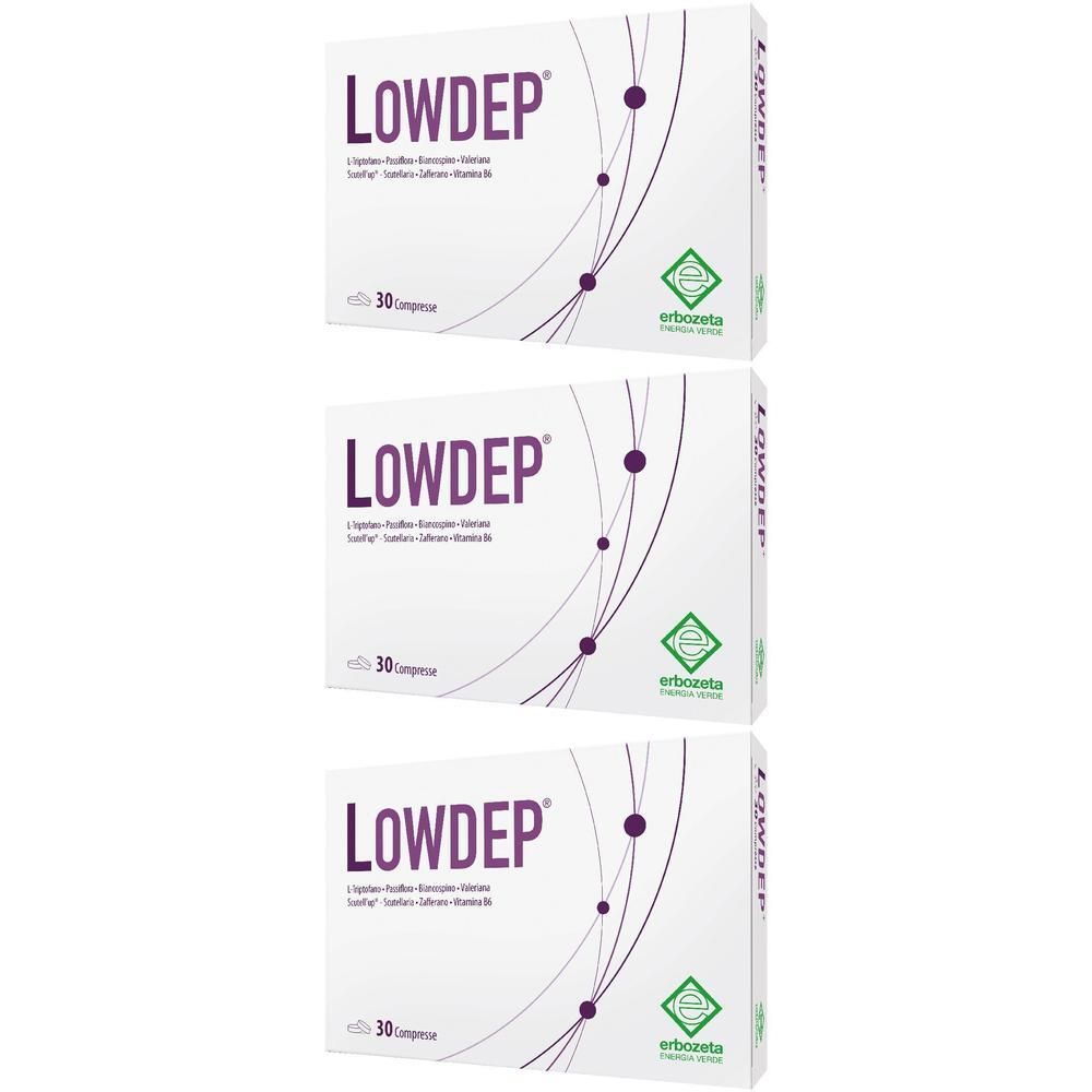 Tre confezioni di LOWDEP da 30 compresse. Logo Erbozeta e informazioni sul prodotto su scatola bianca.