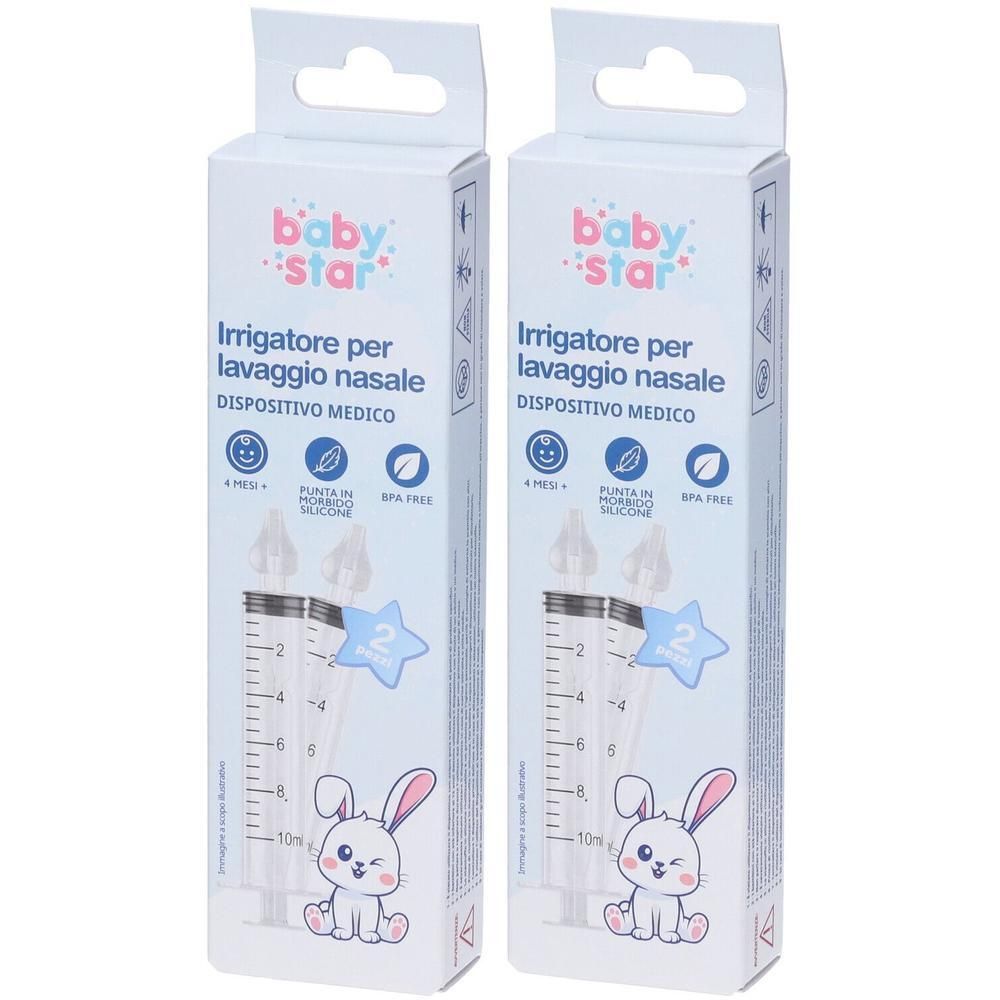 Due irrigatori nasali Baby Star in confezione. Scala graduata sui contenitori trasparenti.