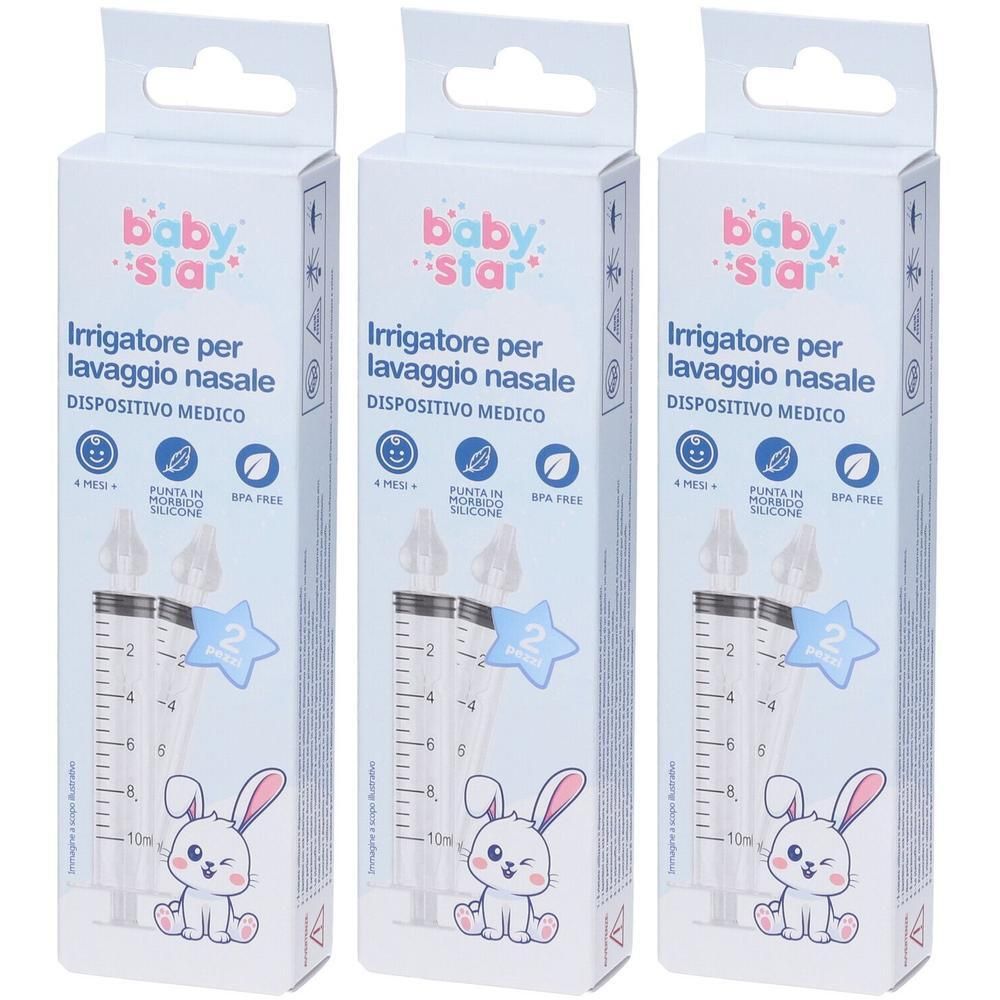 Tre confezioni di irrigatore nasale Baby Star, 2 pezzi. Dispositivo medico con punta in silicone, senza BPA.