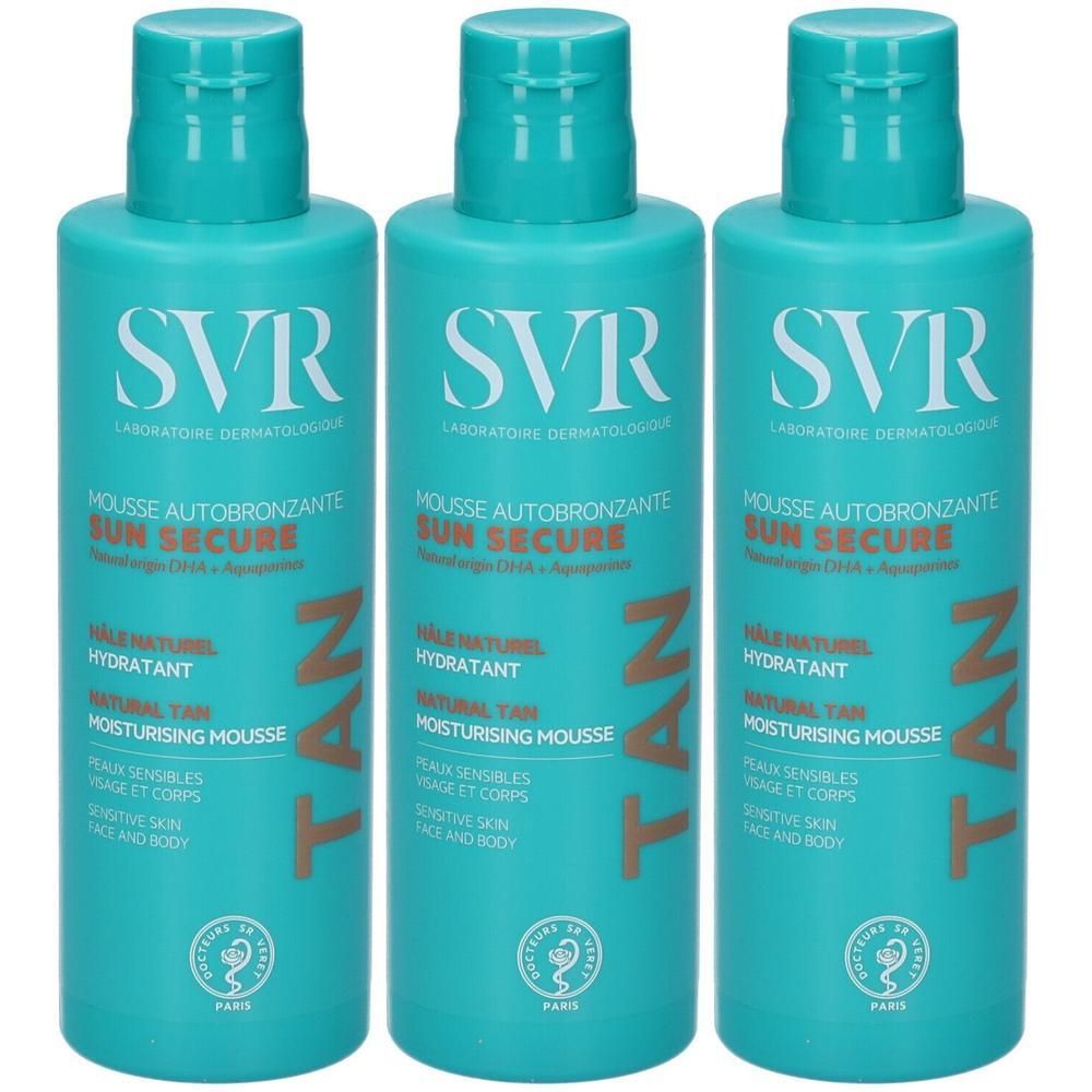 Tre flaconi SVR Sun Secure Mousse Abbronzante turchesi. Abbronzatura naturale, idratante.