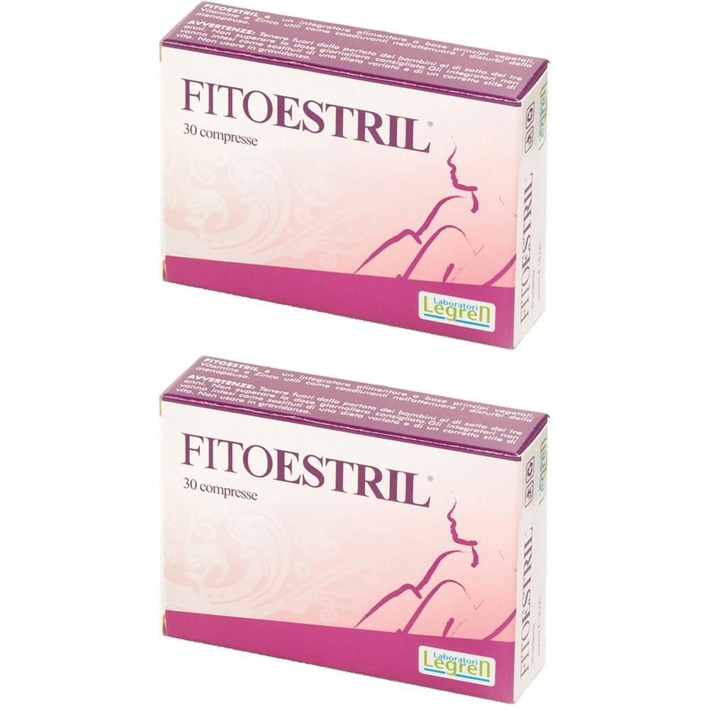 Due confezioni di Fitoestril Compresse da 30 compresse, con silhouette femminile e logo.
