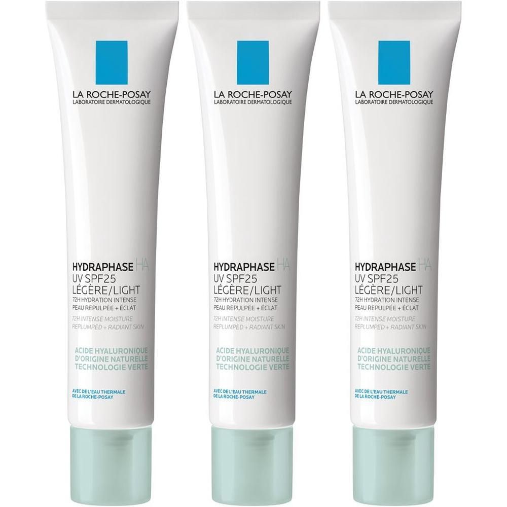 Tre tubi bianchi di crema La Roche-Posay Hydraphase HA UV SPF 25.