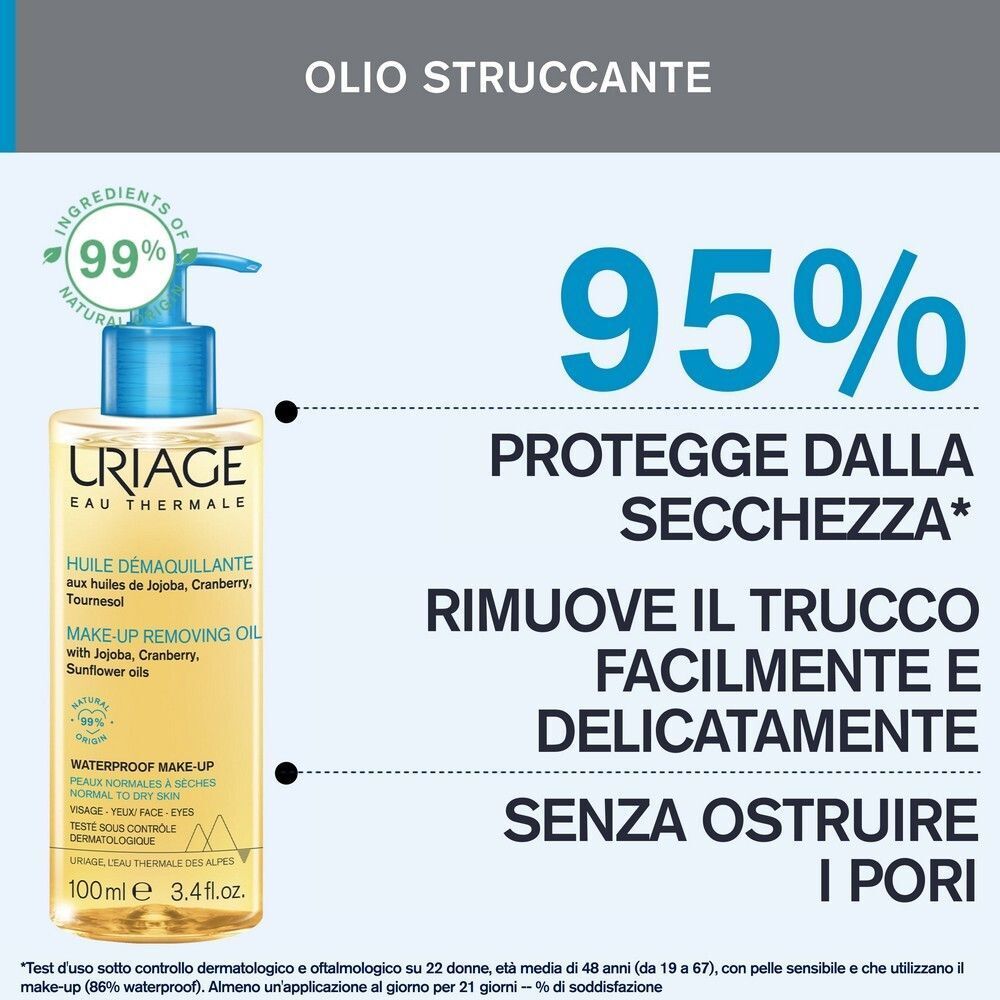 URIAGE Olio detergente struccante, pelle sensibile normale o secca, occhi, viso, labbra