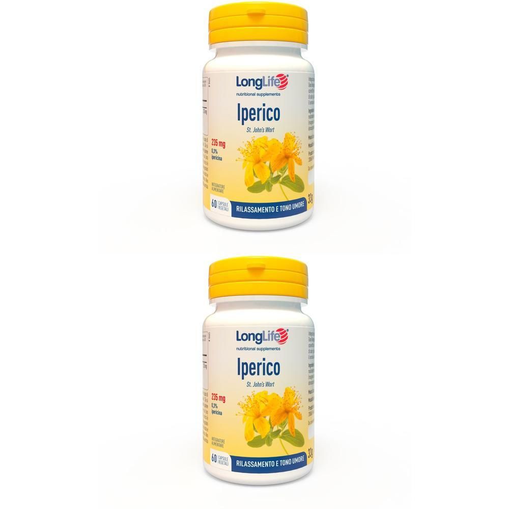 Due flaconi bianchi con tappi gialli contenenti integratori LongLife Iperico.