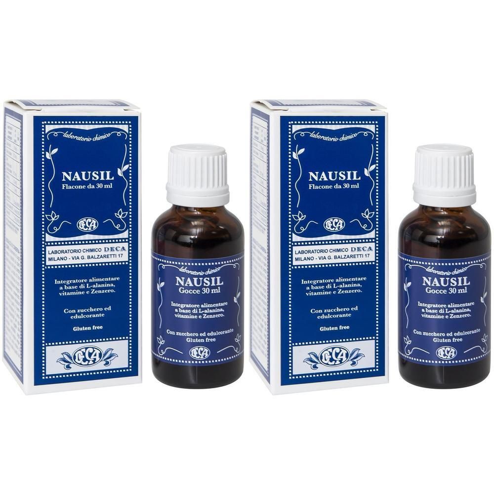 Due flaconi e scatole di Nausil Gocce 30 ml. Flaconi in vetro scuro con tappo bianco ed etichetta blu.