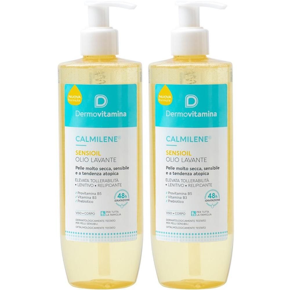 Due flaconi di olio Dermovitamina Calmilene Sensioil. Olio giallo in flaconi trasparenti con erogatore.