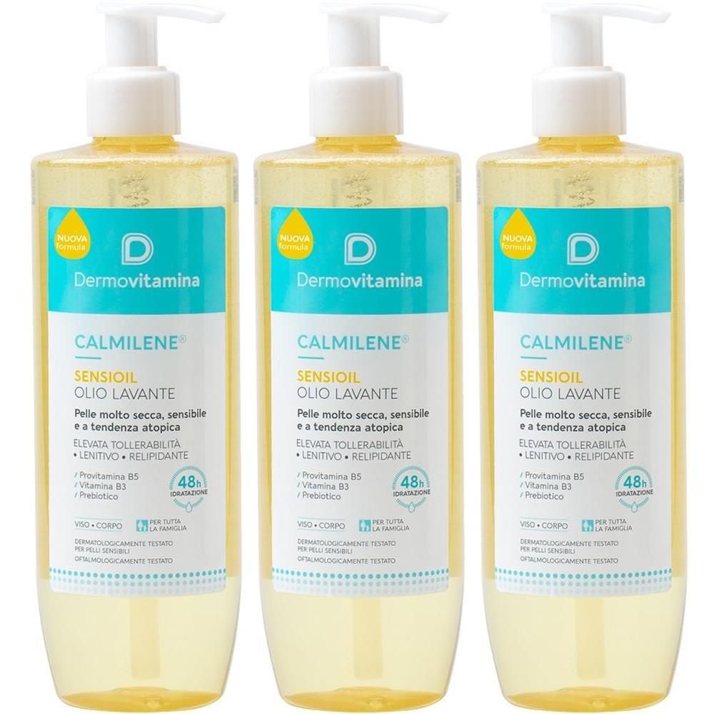 Tre flaconi di olio lavante Dermovitamina Calmilene Sensioil con pompa. Olio giallo in flaconi trasparenti con etichette blu.