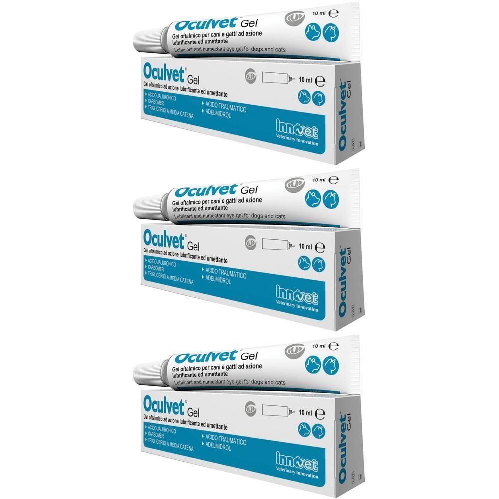 Tre tubi di Oculvet Gel, 10 ml. Per la cura degli occhi di cani e gatti.
