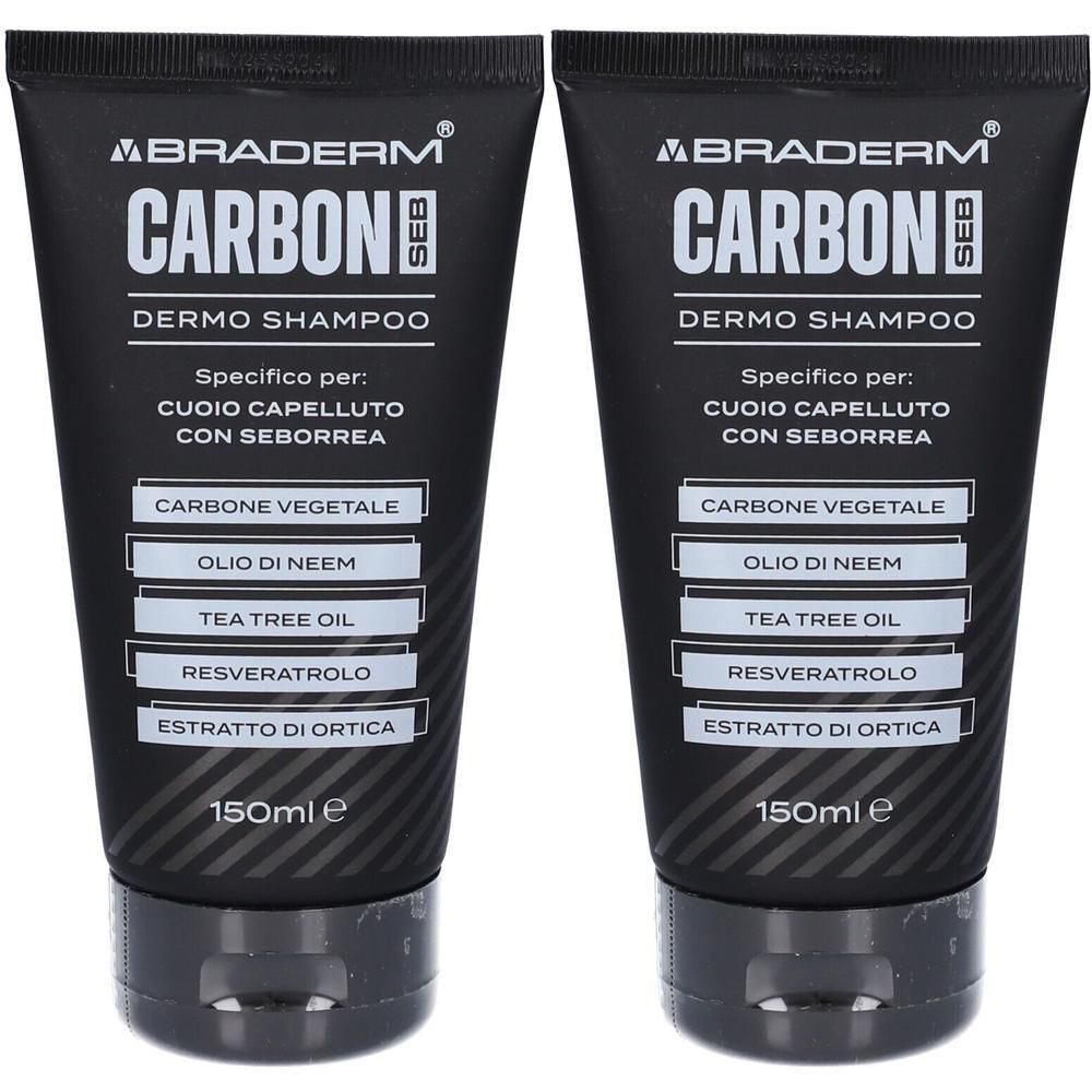 Due tubi neri di Braderm Carbon Dermo Shampoo, 150ml ciascuno. Contiene carbone vegetale, olio di neem, tea tree oil.