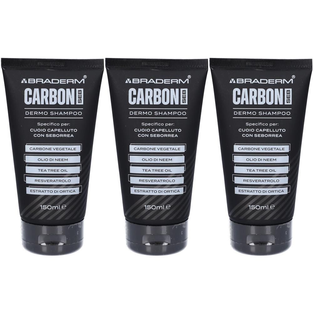 Tre tubi di Abraderm Carbon Dermo Shampoo, 150ml ciascuno. Contiene carbone vegetale, olio di neem, tea tree oil.