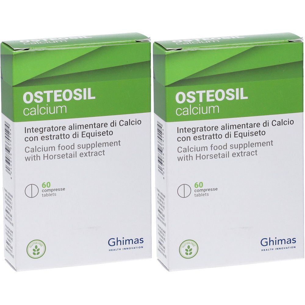 Due confezioni di Osteosil Calcium, 60 compresse per confezione. Contiene estratto di equiseto.