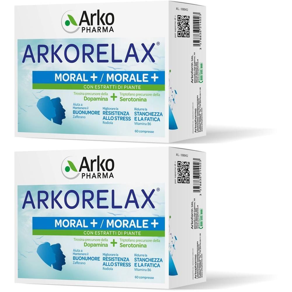 Due confezioni Arkorelax Moral+ con estratti vegetali, Dopamina e Sérotonina. Contiene 60 compresse.