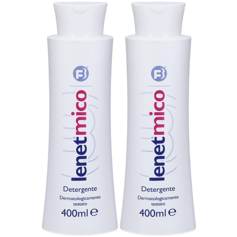 Due flaconi bianchi di detergente Lenetmico, 400ml ciascuno.