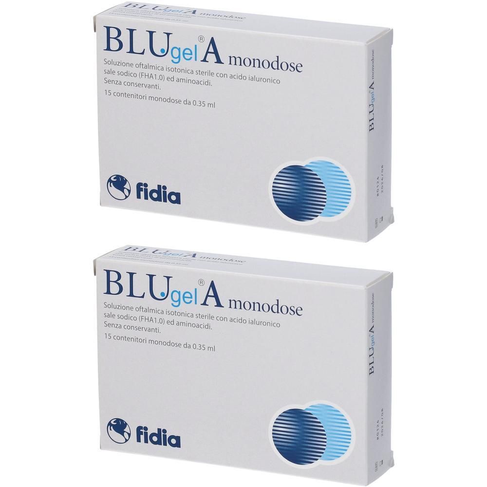 Due confezioni di BluGel A Monodose, soluzione oftalmica sterile isotonica con acido ialuronico.