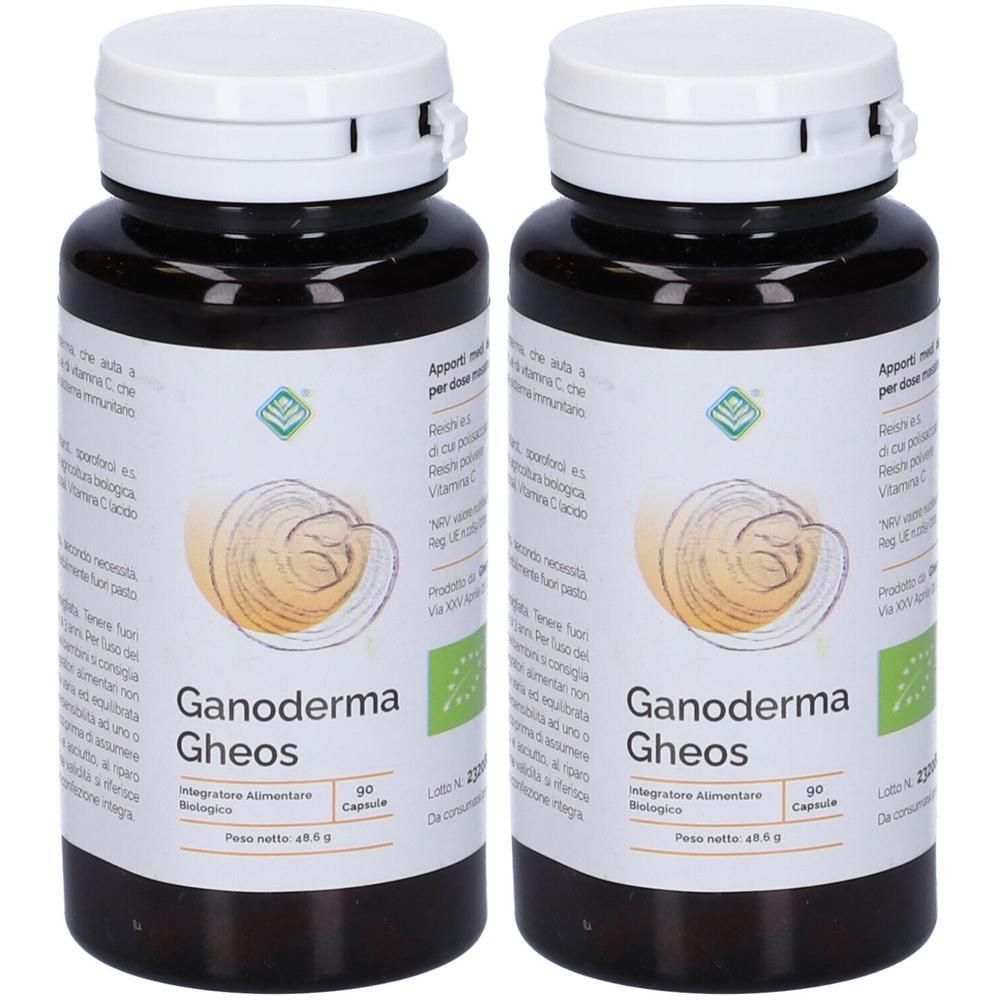Due flaconi di capsule Ganoderma Gheos, ciascuno contenente 90 capsule. Flaconi in vetro scuro con tappi ed etichette bianchi.
