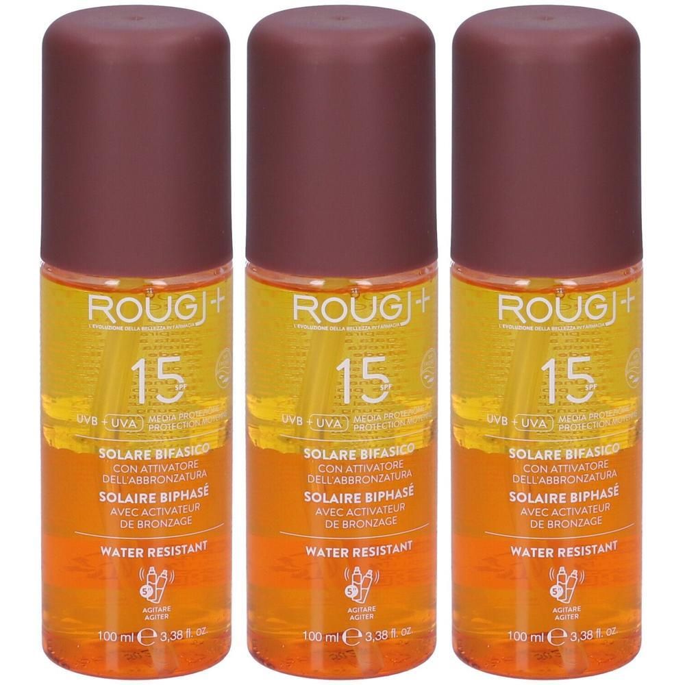 Tre flaconi di Rougj Solare Bifasico SPF 15. Resistente all'acqua.