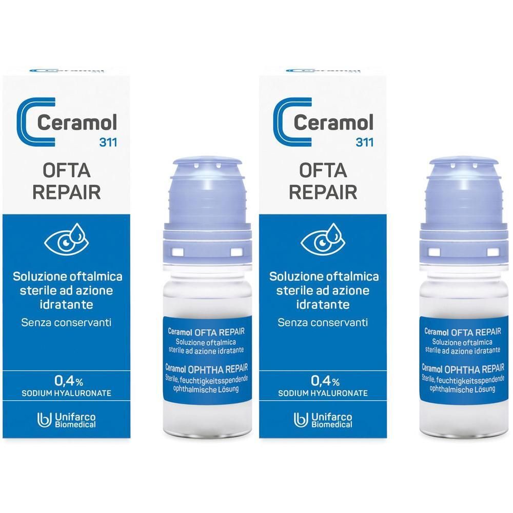 Tre confezioni di collirio Ceramol Ofta Repair con tappo blu ed etichetta bianca.