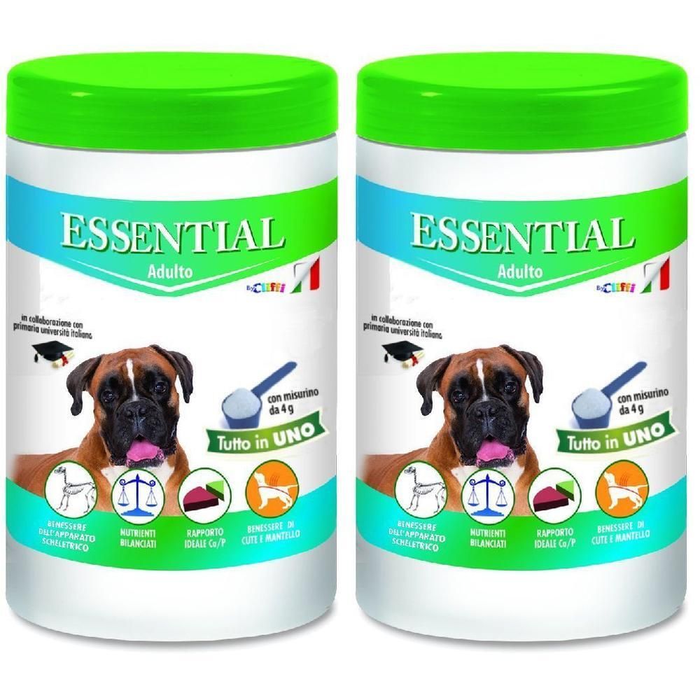 Due barattoli di cibo per cani ESSENTIAL Adulto.