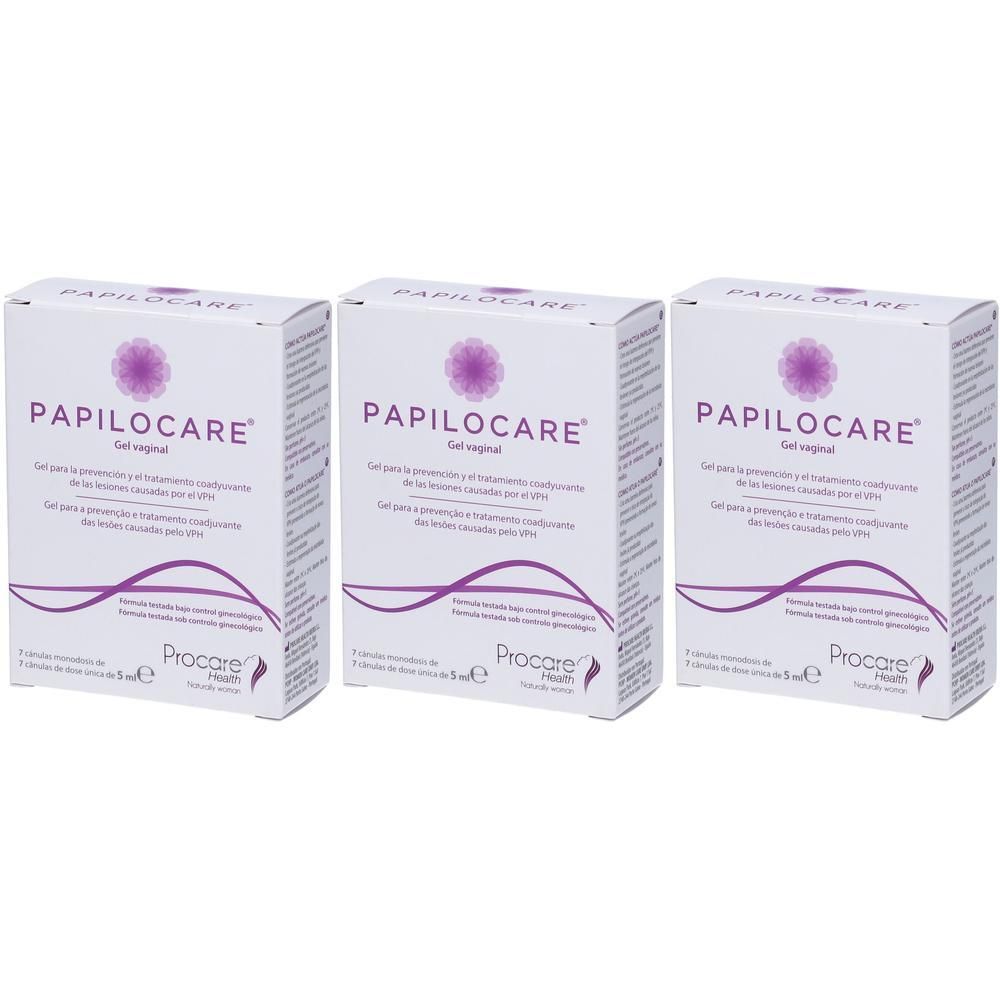 Tre scatole di Papilocare Gel Vaginal, ciascuna con 7 applicatori monodose.