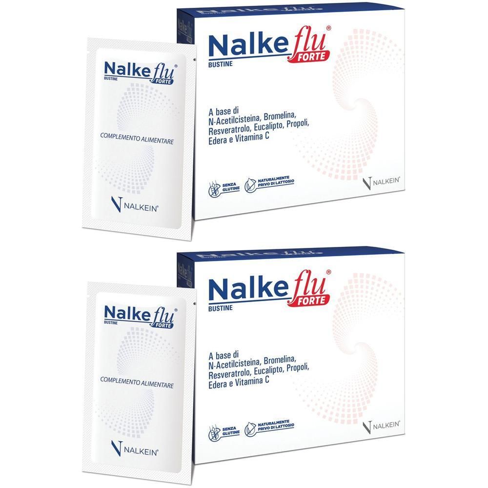 Due confezioni di Nalkeflu Forte, ciascuna con una bustina. Le confezioni sono bianche con accenti blu e rossi.