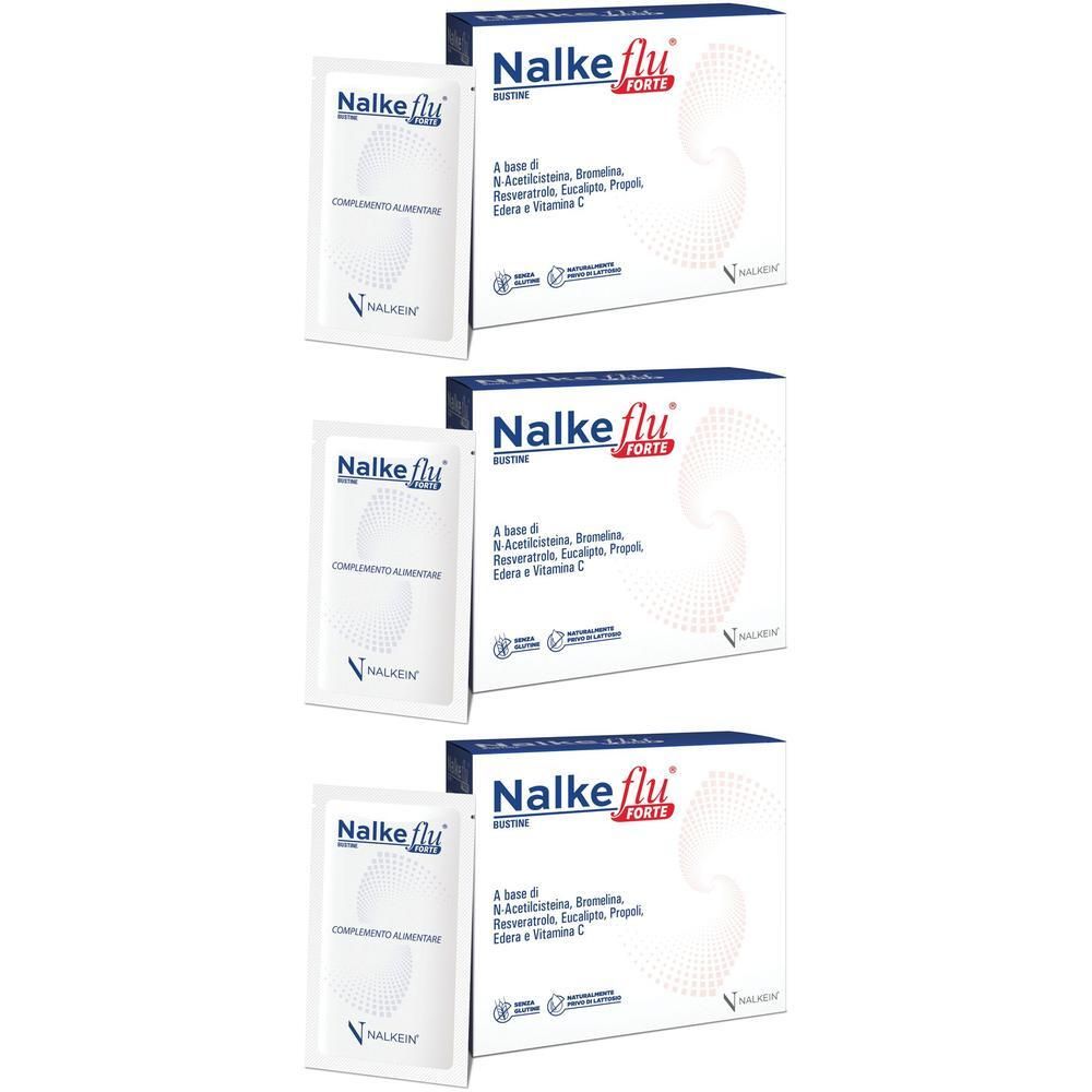 Tre confezioni di Nalkeflu Forte da 20 bustine ciascuna. Contiene N-Acetilcisteina, Propoli e Vitamina C.