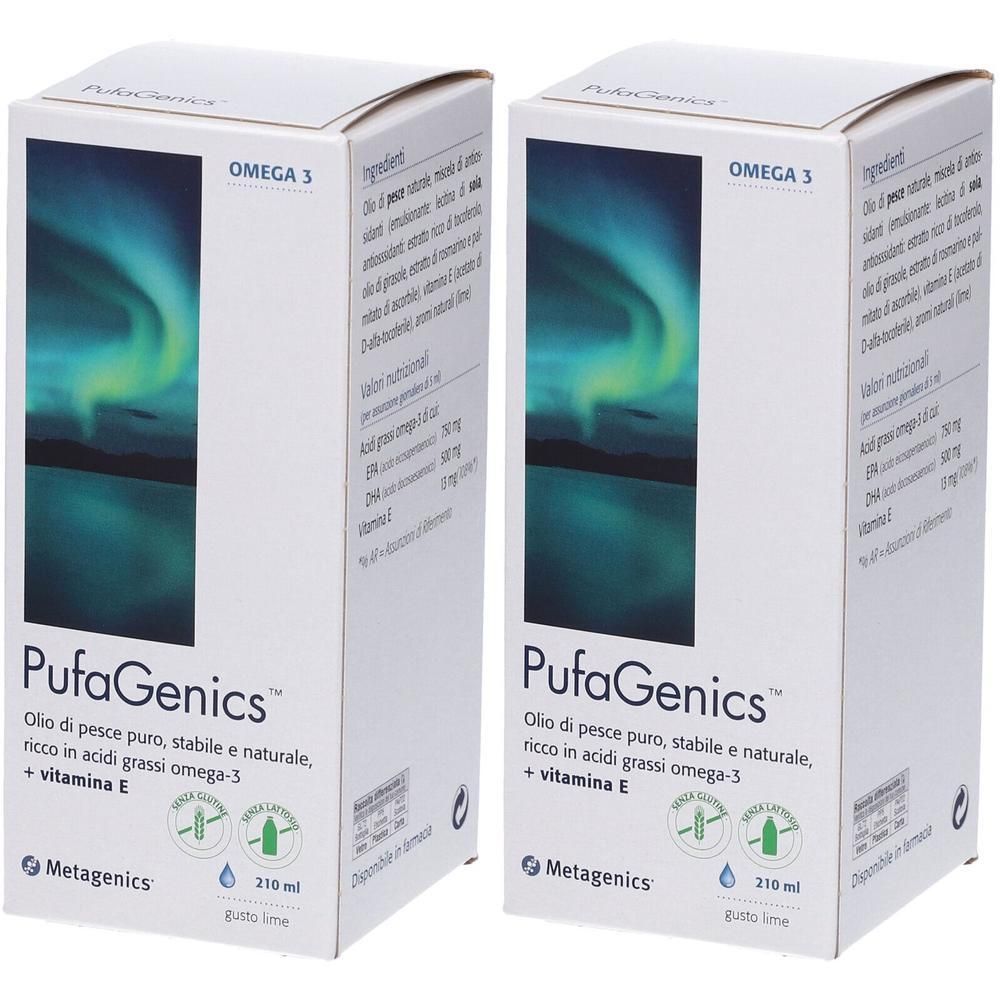 Due confezioni di PufaGenics Omega 3 con Vitamina E. Scatole bianche con immagine aurora boreale e informazioni sul prodotto.