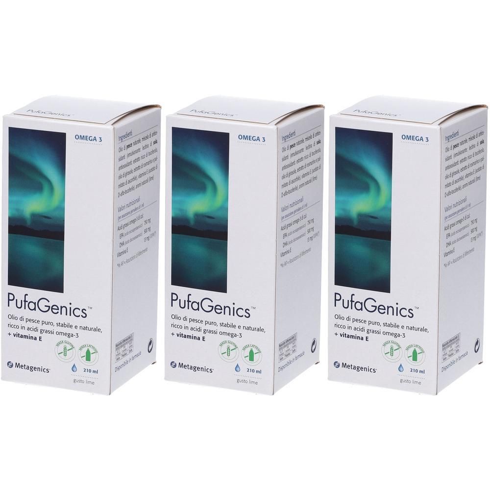 Tre confezioni di PufaGenics Omega-3 con Vitamina E. Scatola di cartone con immagine aurora boreale.