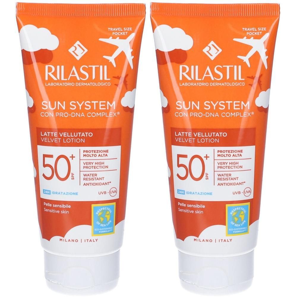 Due tubi Rilastil Sun System Velvet Lotion SPF50+. Offrono altissima protezione, sono water resistant e per pelli sensibili.