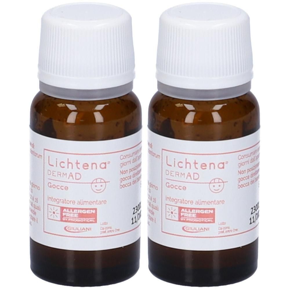 Due flaconi in vetro ambrato con tappo bianco, Lichtena DERMAD Gocce, senza allergeni.