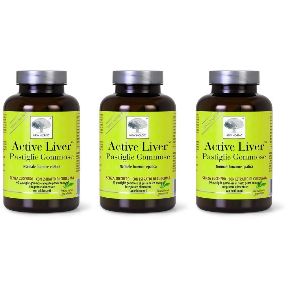 Tre flaconi di pastiglie gommose New Nordic Active Liver con etichetta gialla e tappo argentato.
