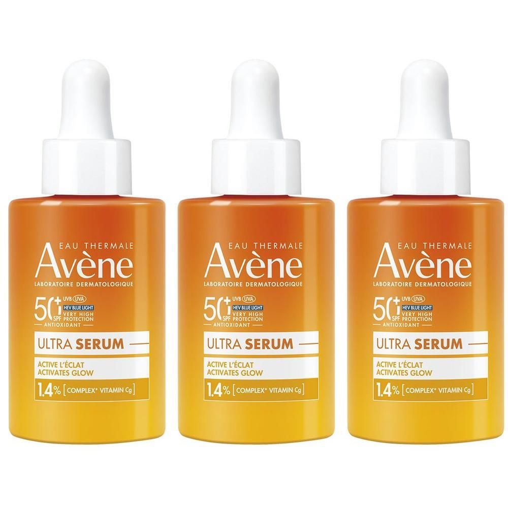 Tre flaconi Eau Thermale Avène Ultra Siero SPF50+ con contagocce, sfumatura arancio-gialla.