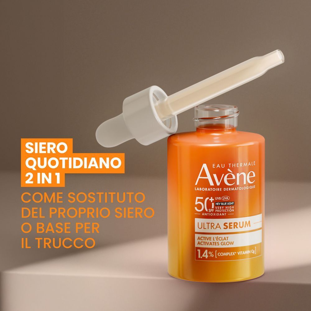 Flacone Eau Thermale Avène Ultra Siero SPF50+ con contagocce. Testo: "SIERO QUOTIDIANO 2 IN 1"