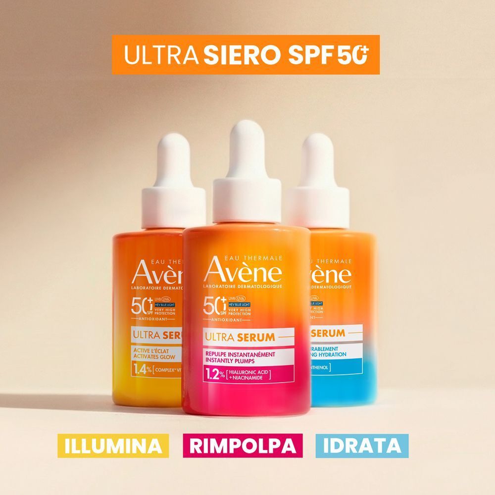 Tre flaconi Eau Thermale Avène Ultra Siero SPF50+ di colori diversi. Testo: "ILLUMINA", "RIMPOLPA", "IDRATA"