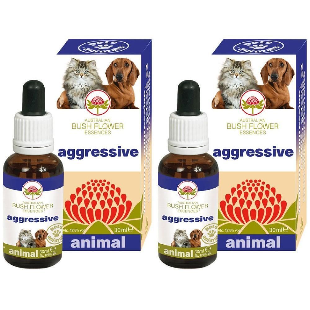 Due flaconi con contagocce, Australian Bush Flower Essences, Aggressive Animal. Scatole con motivi di gatto e cane.