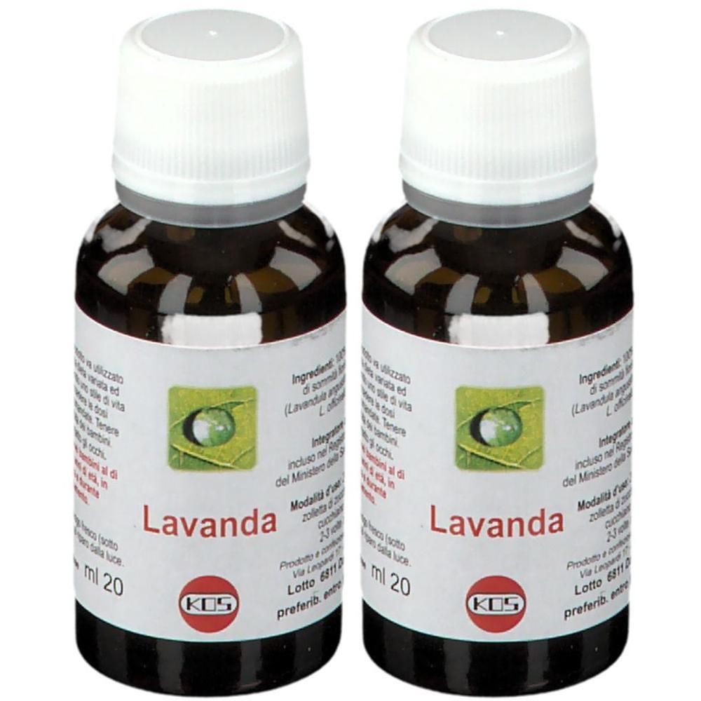 Due flaconi di olio essenziale di lavanda, 20 ml ciascuno, con tappi ed etichette bianchi.