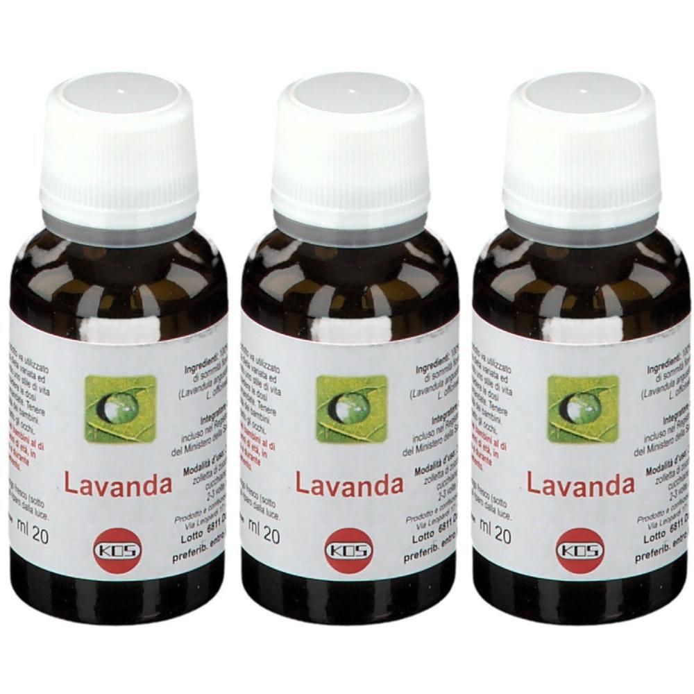 Tre flaconi di olio essenziale di lavanda con tappi bianchi ed etichette raffiguranti una bolla verde.