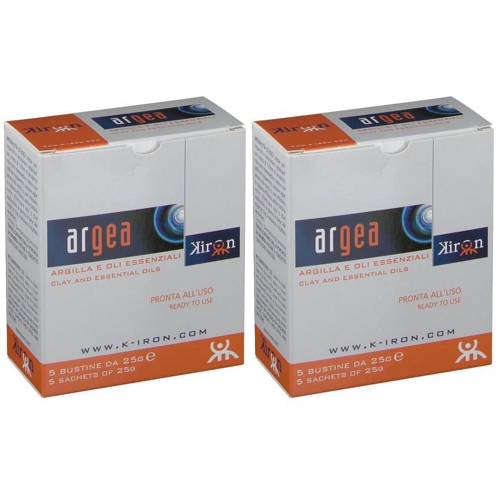 Due confezioni di Argea Argilla e Oli Essenziali, 5 bustine da 25g ciascuna.