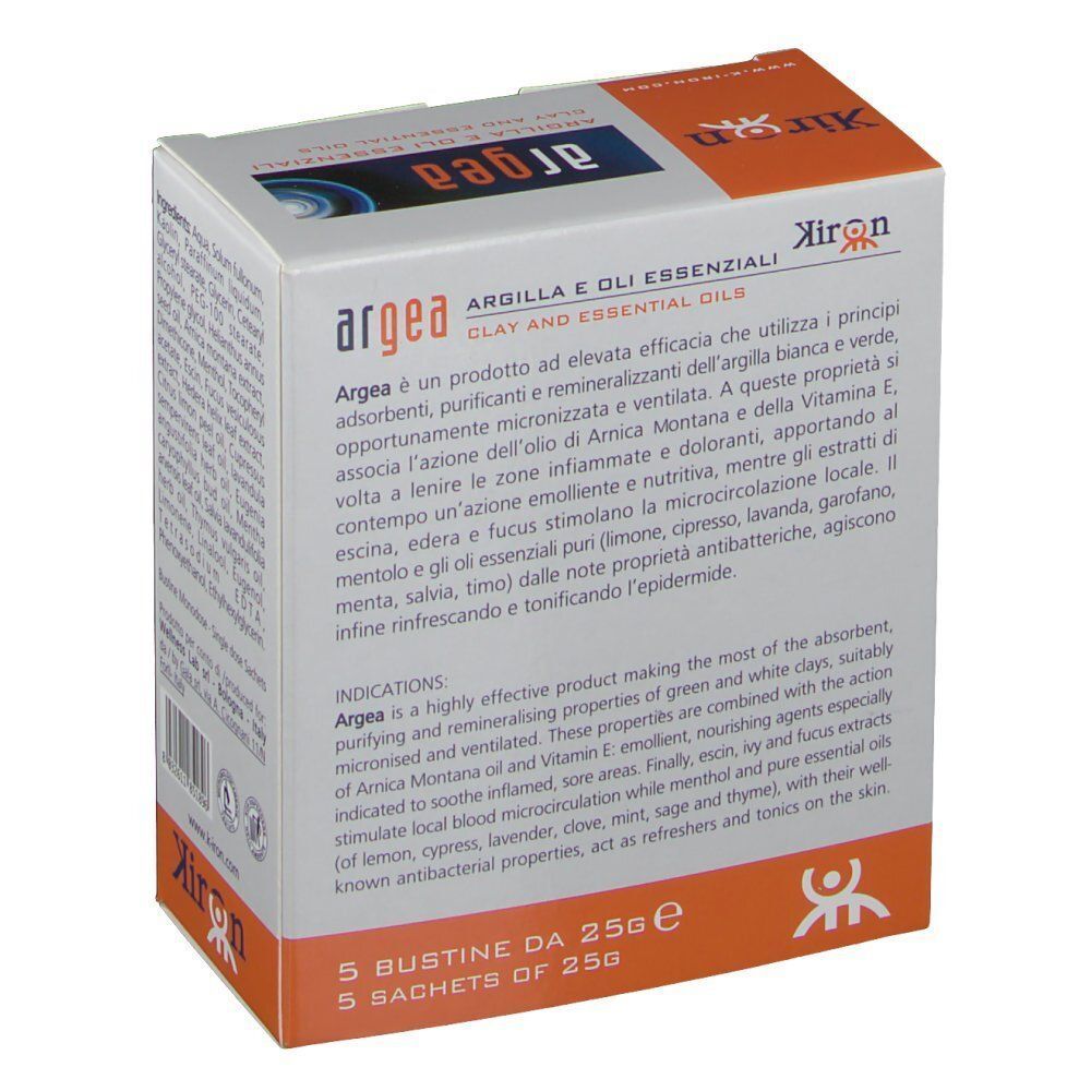 Fronte di una confezione di Argea Argilla e Oli Essenziali con descrizione del prodotto.