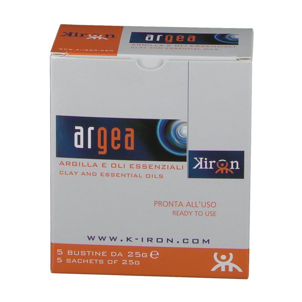 Vista frontale di una confezione di Argea Argilla e Oli Essenziali, 5 bustine da 25g.
