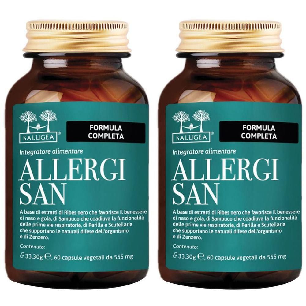 Due flaconi di Allergisan Salugea, integratore alimentare, con etichetta.