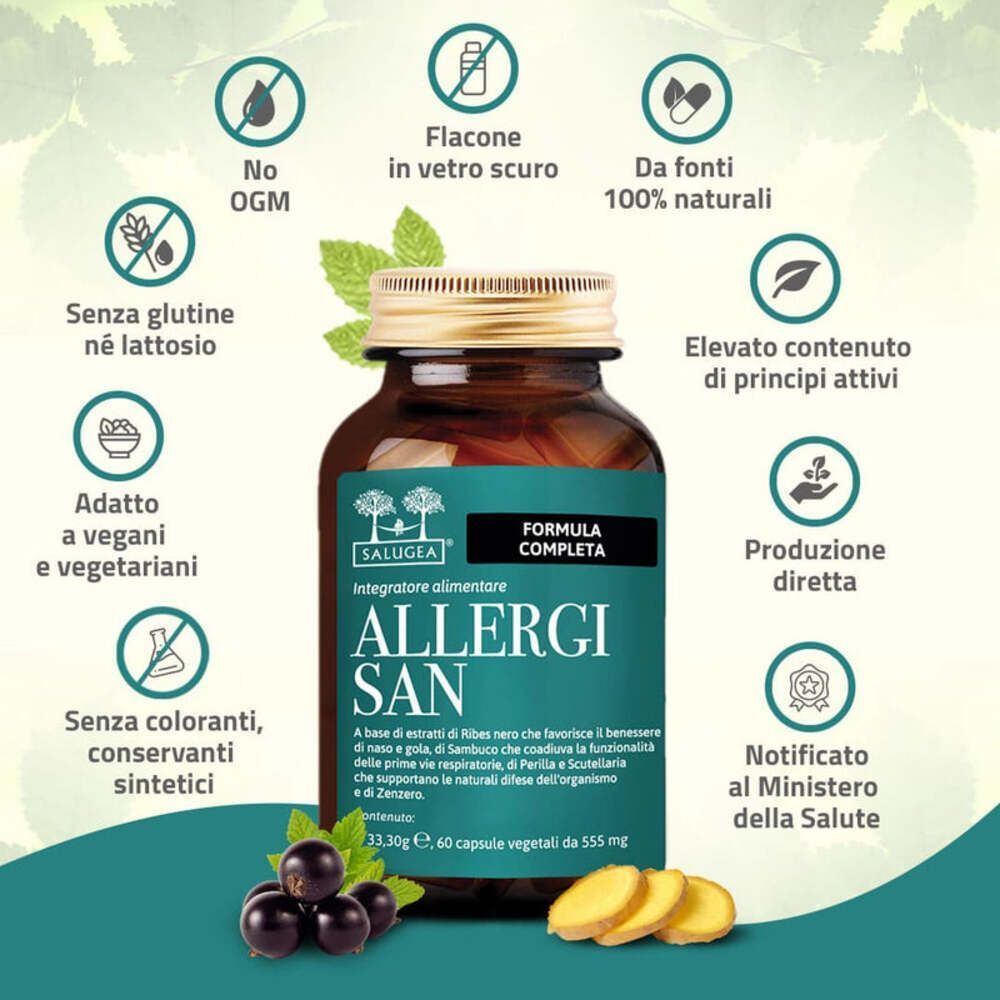 Una bottiglia di capsule Allergisan Salugea con icone che evidenziano vantaggi come 'Senza OGM' e 'Vegano'.