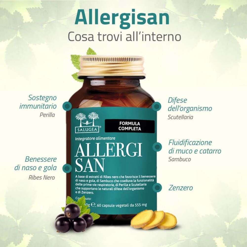 Una bottiglia di capsule Allergisan Salugea con un elenco di benefici, tra cui 'Sostegno immunitario' e 'Vie respiratorie'.
