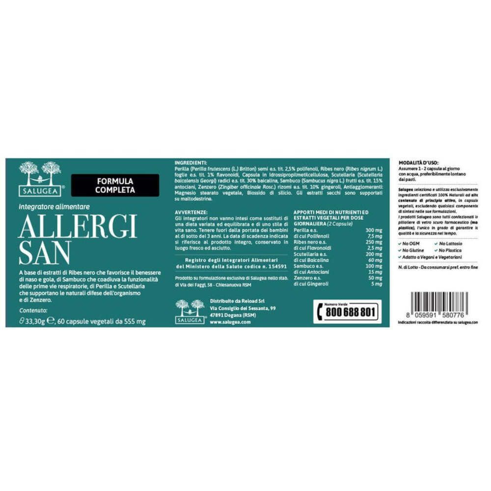Etichetta posteriore di una bottiglia di capsule Allergisan Salugea con ingredienti, dosaggio e informazioni del produttore.