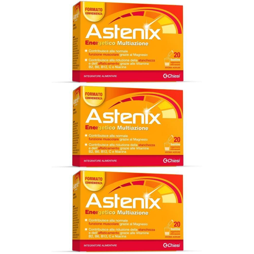 Tre confezioni di Astenix Energetico Multiazione da 20 bustine ciascuna. Packaging arancione con accenti gialli e rossi.